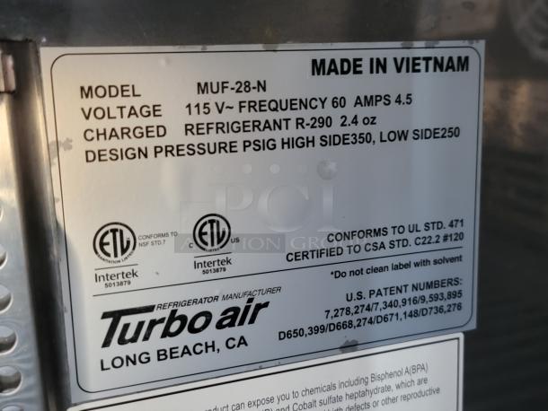 Label on Turbo Air appliance details model MUF-28-N, 115V, 60Hz, 4.5A, R-290 refrigerant, ETL certified, made in Vietnam.