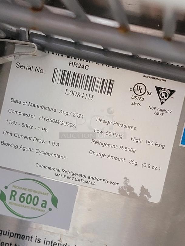 Label on commercial refrigerator, Serial No. HR24C. Made in Guatemala. Uses R-600a refrigerant.