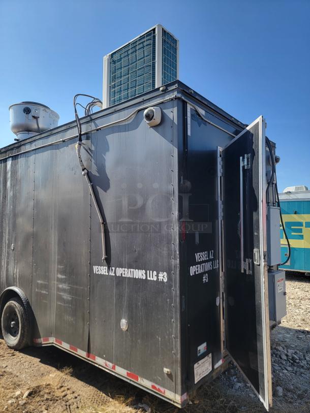 28' Diamond Cargo food trailer, 2020 model. Features black exterior, dual axle, labeled "Vessel AZ Operations LLC #3".