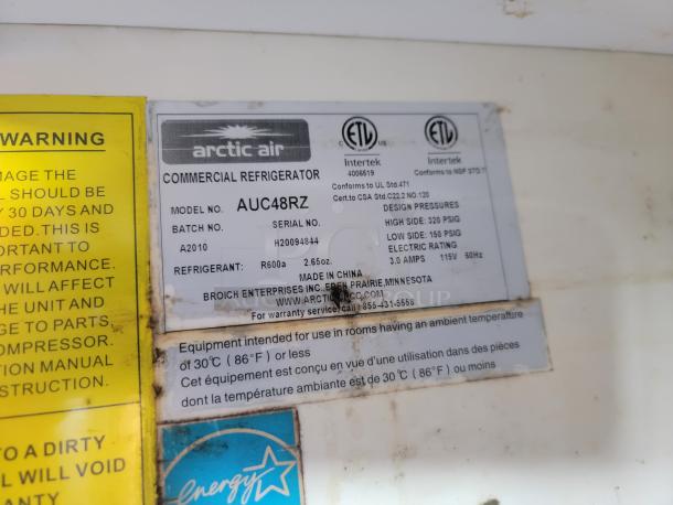 Arctic Air commercial refrigerator label on a 2020 Diamond Cargo 8.5 x 28 TA food trailer. Model: AUC48RZ.