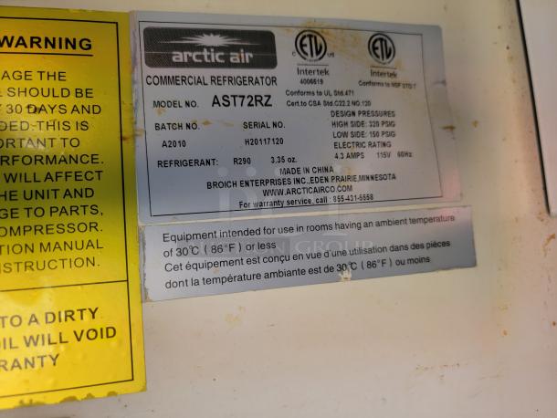 Arctic Air commercial refrigerator label on a Diamond Cargo food trailer. Model: AST72RZ, made in China, uses R290 refrigerant.
