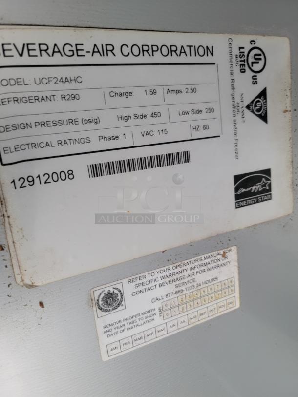 Beverage-Air Corporation model UCF24AHC label, showing specifications: Refrigerant R290, design pressure 450/250 psig, electrical ratings VAC 115, UL listed.