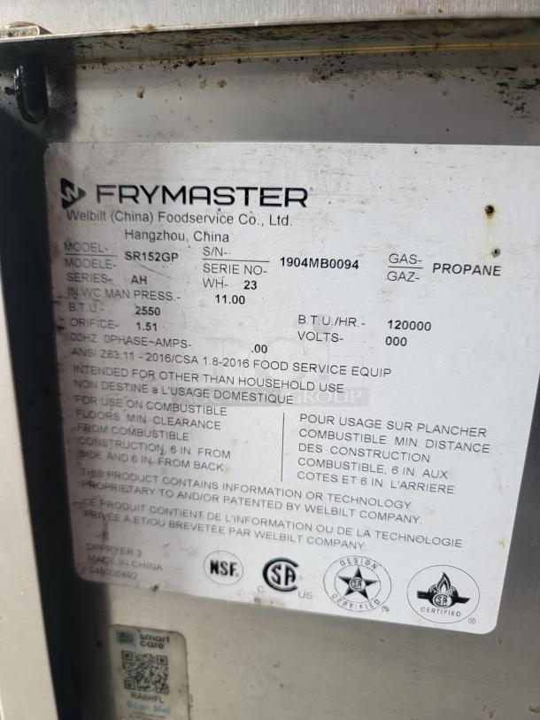 Frymaster SR152GP propane fryer label, model details, 120,000 BTU/hr, made in China, NSF and CSA certified, for foodservice use.