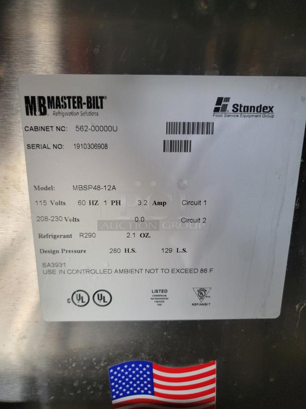 Master-Bilt MBSP48-12A refrigeration unit label showing model, electrical specs, and refrigerant details. UL and NSF certified.