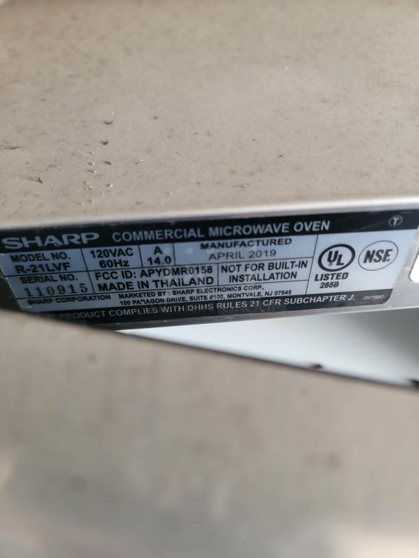 Sharp commercial microwave oven, model R-21LVF, 120VAC, manufactured April 2019. UL and NSF listed.