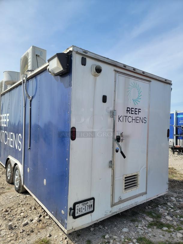 Mobile kitchen trailer branded "Reef Kitchens," featuring dual axles, side vents, external cameras, and a Texas license plate.