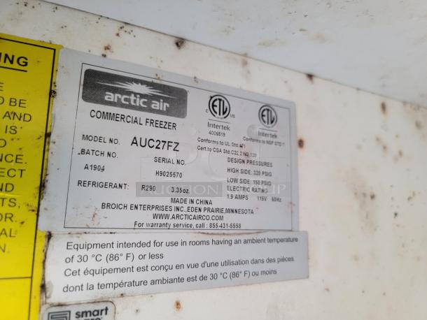 Arctic Air commercial freezer model AUC27FZ, features R290 refrigerant, ETL certified, made in China, slightly worn condition.