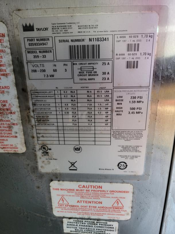 Taylor commercial ice cream maker label, Model 359-33, Serial N1103341, Part 035933A947, 208-230V, 60Hz, 3 Phase.