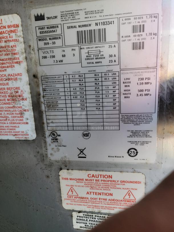 Alt Text: Taylor ice cream maker label detailing model 359-33, serial number N1103341, voltage, and compliance markings.