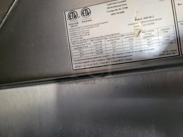 CaptiveAire exhaust hood model 3650 BD-2, suitable for extra heavy duty, with labels detailing specifications.