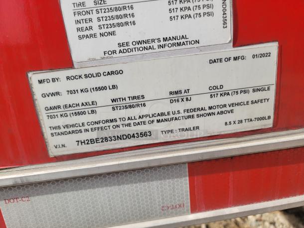 Rock Solid Cargo trailer label showing GVWR 7031 kg, GAWR 7031 kg, ST235/80/R16 tires, Date 01/2022, VIN 7H2BE2833ND043563.