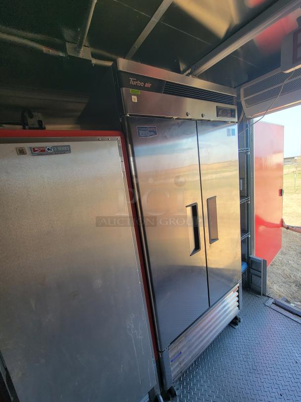 Turbo Air commercial refrigerator, stainless steel, double doors, visible logo, durable condition, suitable for professional use.