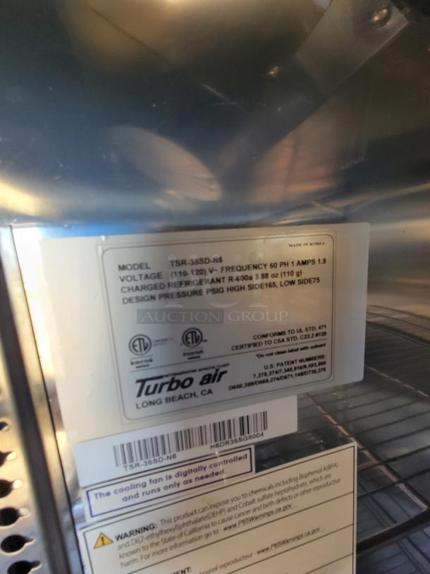 Turbo Air refrigerator model TSR-35SD-N6 label, showing voltage, refrigerant type, and certifications. Made in Korea.