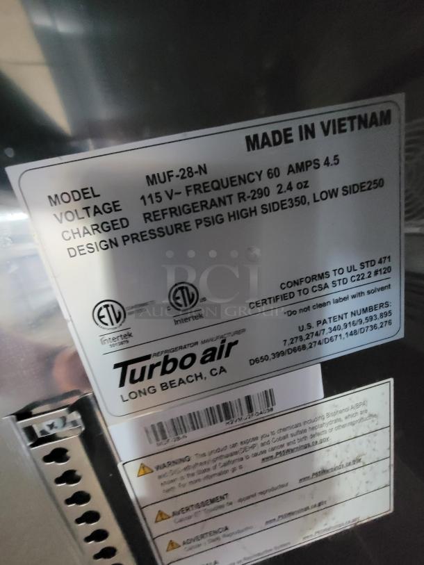 Turbo Air refrigeration unit model MUF-28-N, 115V, R-290 refrigerant. Made in Vietnam, certified to UL STD 471.