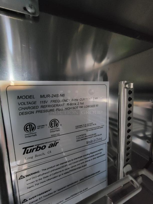 Turbo Air MUR-24S-N6 model label, 115V, 60Hz, 2.4A, R-600a refrigerant, ETL certified, made in China.