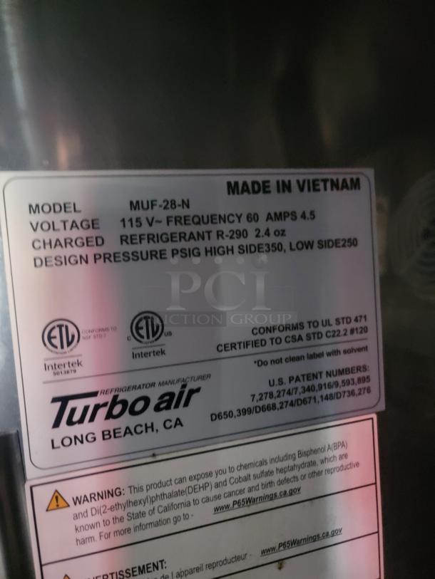 Turbo Air MUF-28-N refrigerant label, 115V, 60Hz, R-290, 2.4 oz, made in Vietnam, certified to UL/CSA standards.
