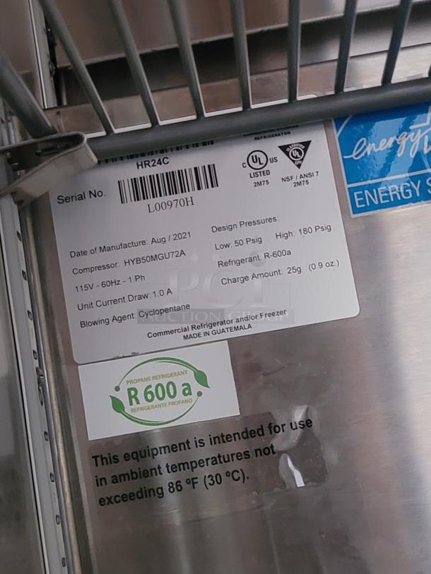 Alt text: Commercial refrigerator label with model HR24C, serial L00970H, uses R-600a refrigerant, manufactured August 2021.