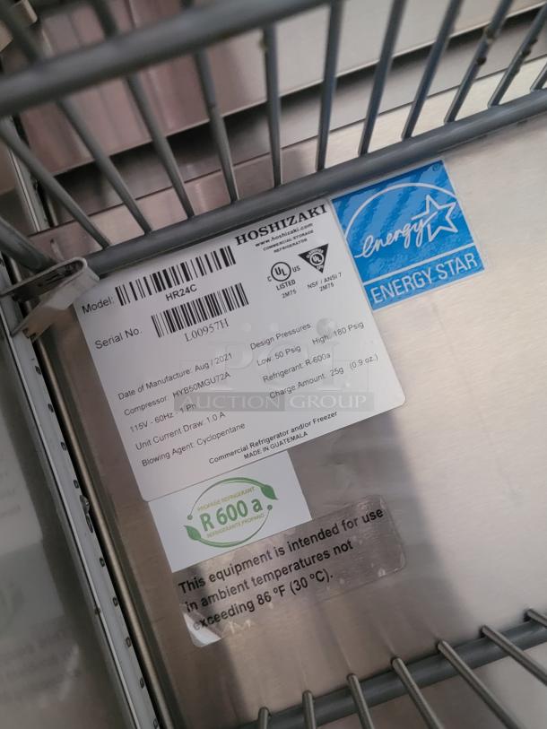 Hoshizaki HR24C refrigerator label showing model, serial number L00957H, Energy Star rating, and R600a refrigerant info.