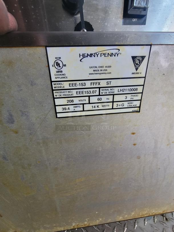 Henny Penny appliance label showing model EEE-153, product number EEE153.07, serial number LH2110008.