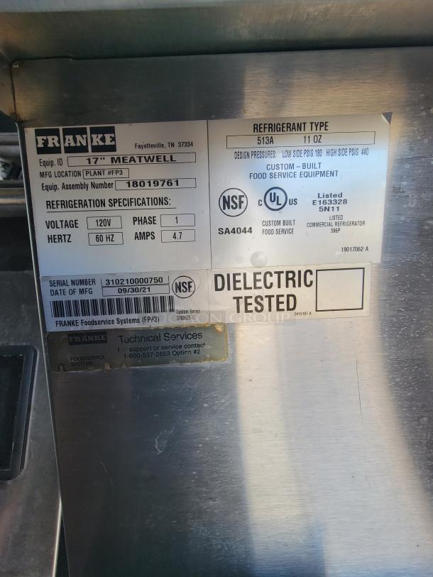 Franke 17" Meatwell refrigeration unit label, model 18019761, 120V, 60Hz, NSF and UL listed, made 09/30/21.