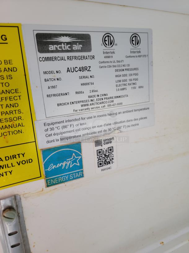 Arctic Air commercial refrigerator label, model AUC48RZ. Features Energy Star rating, ETL certification, and refrigerant R600a.