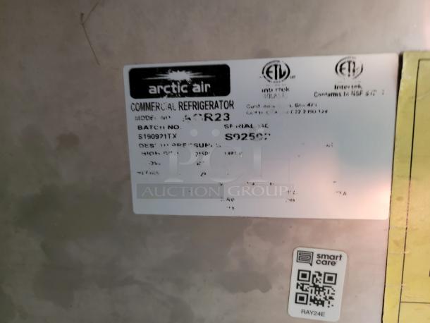 Arctic Air commercial refrigerator label showing model AR23, batch S190921TX, serial S9259. Includes QR code for Smart Care.