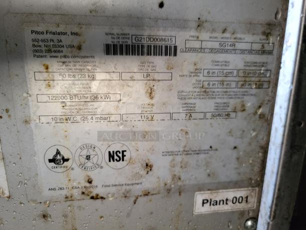 Label showing Pitco Frialator model SG14R, 50 lbs capacity, 122000 BTU/hr. NSF certified. Contact details in Bow, NH.