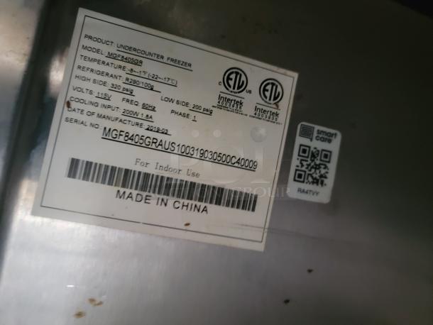 Undercounter freezer label, Model MGF8405GR. Temp: -8 to 17°F. Refrigerant: R290. Voltage: 115V. Made in China.