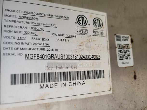 Undercounter refrigerator label, Model MGF8401GR, 115V, 60Hz, manufactured 10/2018, made in China, QR code visible.