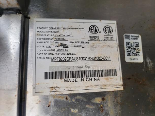 Pizza Prep Table Refrigerator label. Model MPF8202GR; temp 33-45°F; refrigerant R290/140g; made 2019; 115V, 320W.