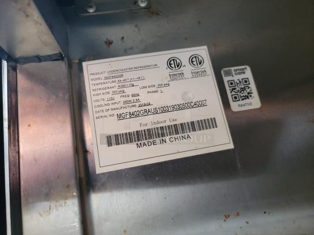 Undercounter refrigerator label, model MGF8402GR, temperature 33-45°F, R290 refrigerant, 115V, made in 2019, China.