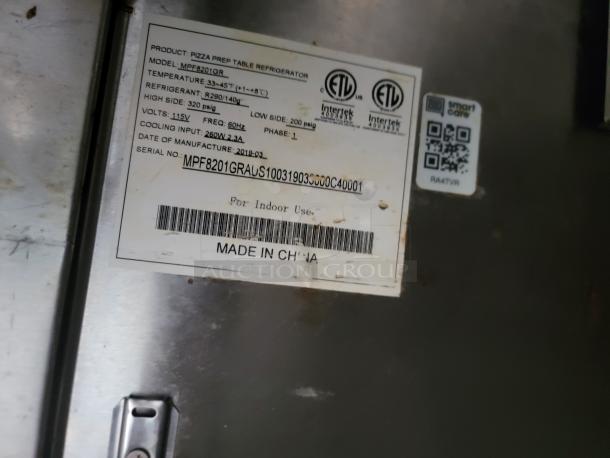 Label on pizza prep table refrigerator, Model MPF8201GR. Temperature 33-45°F. Made in China. For indoor use.