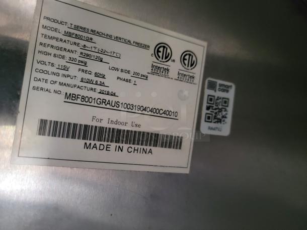 T Series Vertical Freezer label; Model MBF8001GR; temp range -8 to -1°F; R290 refrigerant; 115V, 60Hz; made in China.
