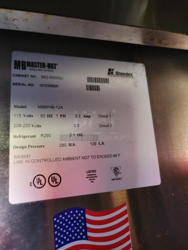 Master-Bilt refrigeration unit, Model MBSP48-12A, uses R290 refrigerant. UL-listed, NSF certified, max ambient 86°F.