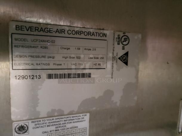 Beverage-Air Corporation label for model UCF24AHC-02, detailing refrigerant R290, design pressure, and electrical ratings.