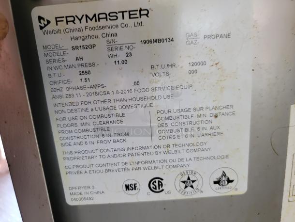 Frymaster SR152GP fryer label, propane gas, 2550 BTU, ANSI Z83.11 certified, made in China, model WH-23.
