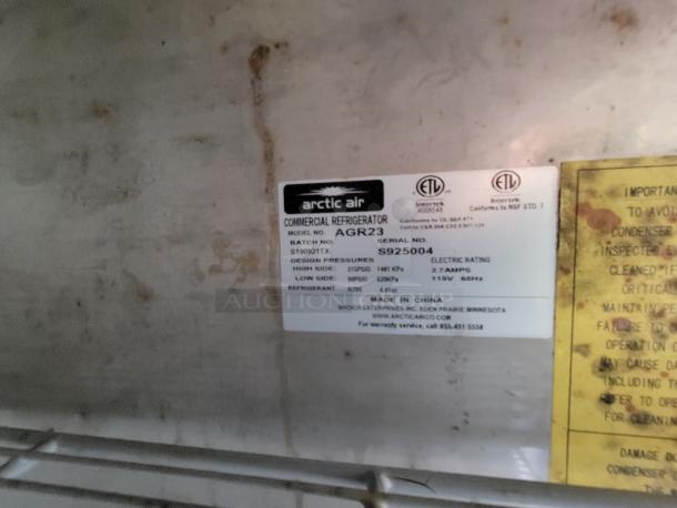 Arctic Air AGR23 commercial refrigerator label, showing model, serial number S925004, electric rating, and manufacturing details.