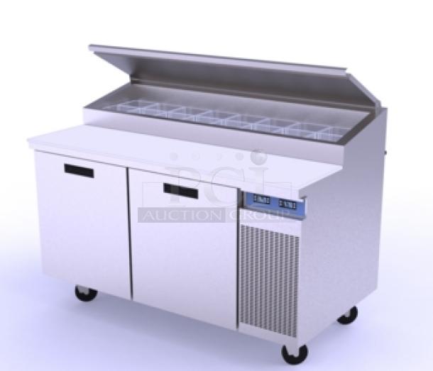 NEW Randell 8260N290PCB stainless steel 2-door pizza prep table, 60" raised rail, cutting board, on casters, 115V.