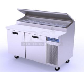 NEW Randell 8260N290PCB stainless steel 2-door pizza prep table, 60" raised rail, cutting board, on casters, 115V.