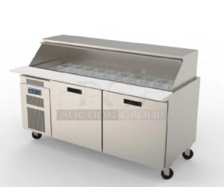 Brand new Randell 9272W290 stainless steel 2-door refrigerated prep table, 72" with cutting board, on casters.