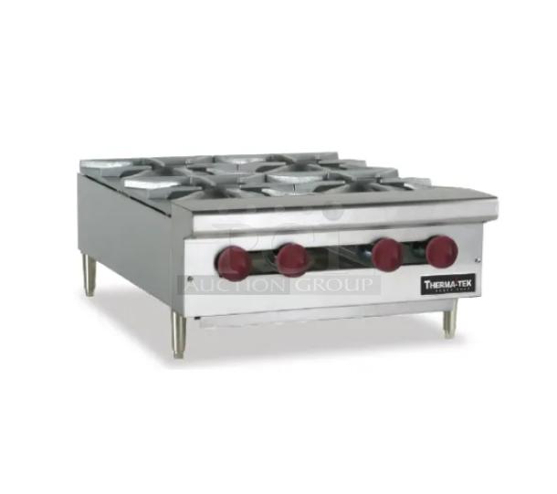 Brand new Therma-Tek TCHP244L stainless steel 4-burner gas countertop hot plate, model TCHP24-4L, on legs.