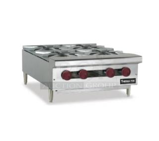 Brand new Therma-Tek TCHP244L stainless steel 4-burner gas countertop hot plate, model TCHP24-4L, on legs.