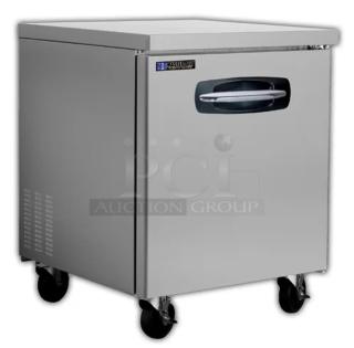 Master-Bilt Fusion Series stainless steel single door undercounter freezer; model UF27, with poly-coated wire rack, on casters.