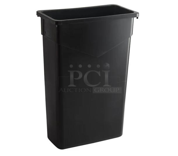 Brand new Carlisle TrimLine 23 Gal. black rectangular trash bin, Model 34202303, commercial-grade, durable plastic.