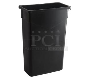 Brand new Carlisle TrimLine 23 Gal. black rectangular trash bin, Model 34202303, commercial-grade, durable plastic.