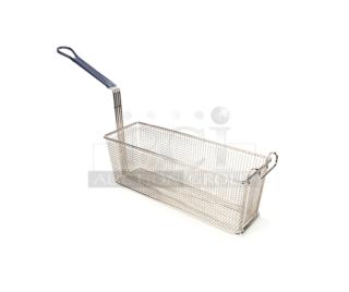Brand new Pitco P6072185 oblong fry basket, with blue grip handle and front hook, commercial-grade wired mesh.