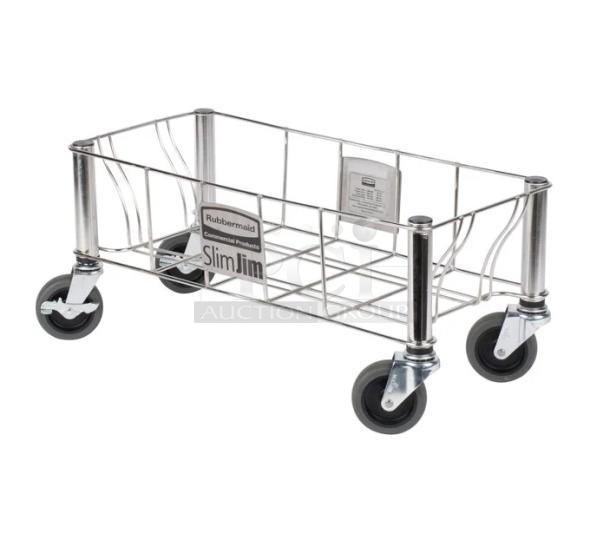 Rubbermaid Slim Jim stainless steel dolly, model 1968468, new condition, on casters, for commercial waste containers.