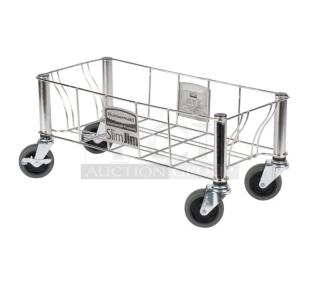 Rubbermaid Slim Jim stainless steel dolly, model 1968468, new condition, on casters, for commercial waste containers.