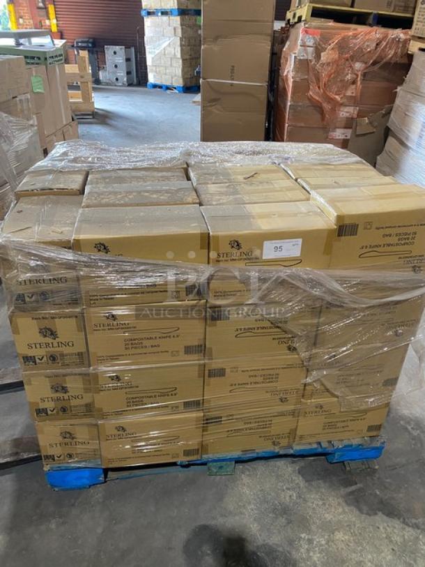 Pallet of Sterling compostable knives, model MMGP3KN651M, in sealed boxes. Each box contains 20 bags of 50 knives.