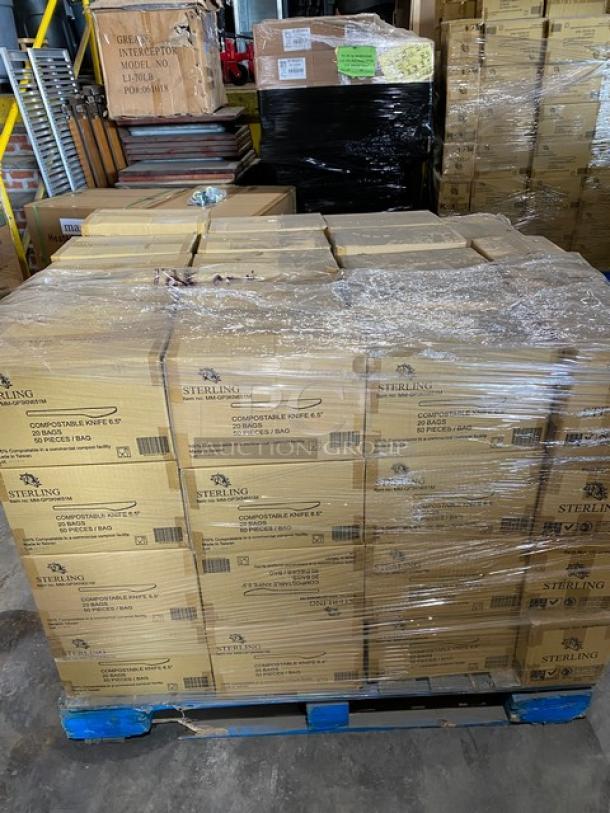 Full pallet of Sterling 6.5” compostable knives, model MM-GP3KN651M, 50 per bag, 20 bags per case, new condition.